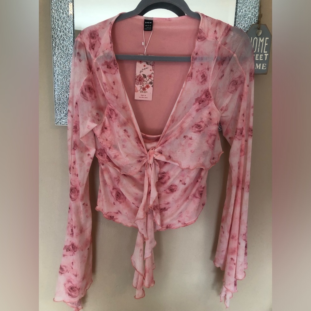 Elegant Pink Floral Tie-Front Blouse